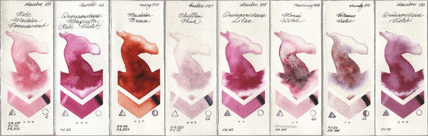 Daniel Smith 237 Rose Madder Permanent, Holbein Artists Watercolor 119 Quinacridone Magenta (Rose Violet), Rosa Gallery 757 Madder Brown, Kusakabe 021 Chiffon Pink, 236 Quinacridone Lilac, Rockwell 414 Morai Witch, Shminke Horadam Aquarell 914 Volcano Violet, 094 Quinacridone Viol watercolor swatch