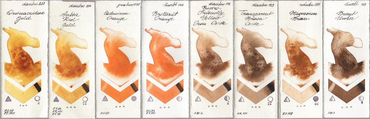 Daniel Smith 238 Quinacridone Gold, 234 Aussie Red Gold, M. Graham & Co. Artists 038 Cadmium Orange, Holbein Artists Watercolor 047 Brilliant Orange, 176 Enviro-Friendly Yellow Iron Oxide, 129 Transparent Brown Oxide, Winsor & Newton Professional 381 Magnesuim Brown, 133 Burnt Umb watercolor swatch