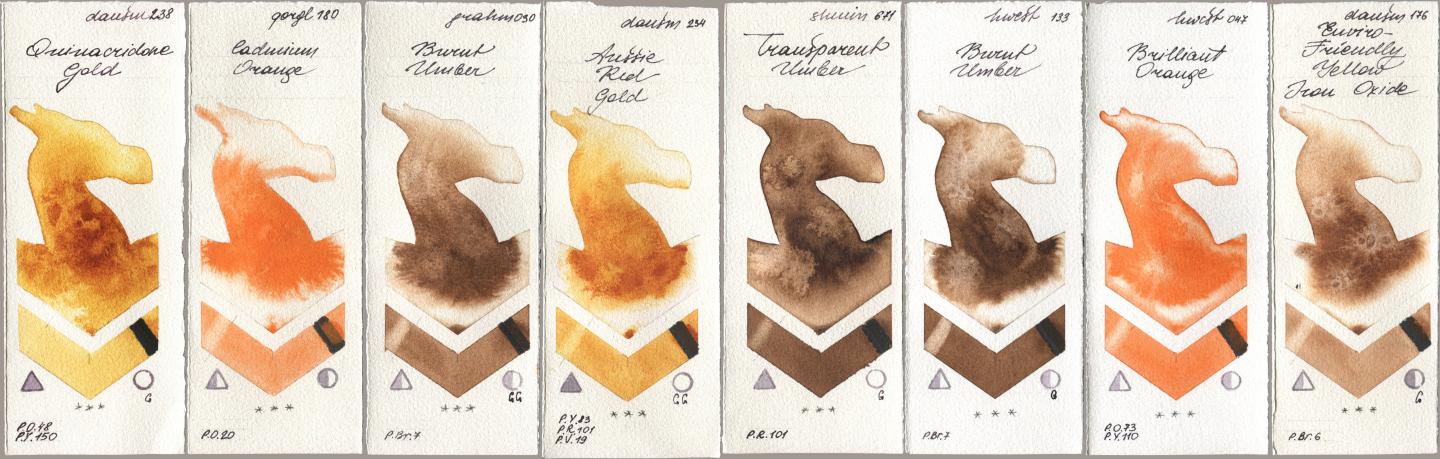 Daniel Smith 238 Quinacridone Gold, Golden QOR 180 Cadmium Orange, M. Graham & Co. Artists 030 Burnt Umber, 234 Aussie Red Gold, Shminke Horadam Aquarell 671 Transparent Umber, Holbein Artists Watercolor 133 Burnt Umber, 047 Brilliant Orange, 176 Enviro-Friendly Yellow Iron Oxi watercolor swatch