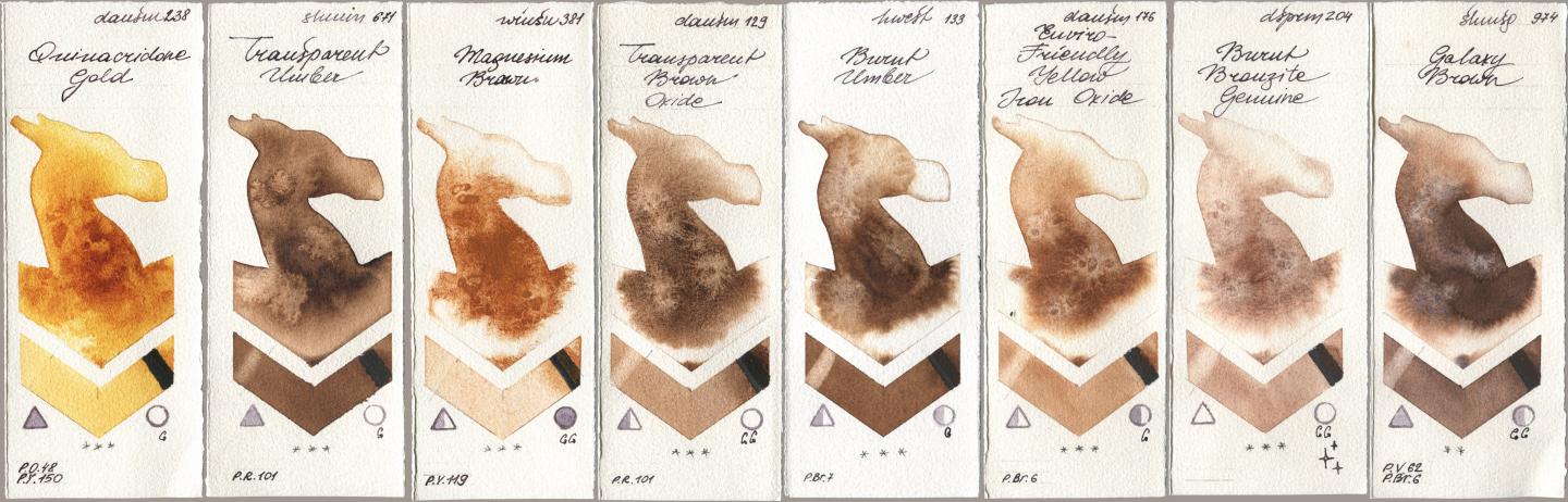 Daniel Smith 238 Quinacridone Gold, Shminke Horadam Aquarell 671 Transparent Umber, Winsor & Newton Professional 381 Magnesuim Brown, 129 Transparent Brown Oxide, Holbein Artists Watercolor 133 Burnt Umber, 176 Enviro-Friendly Yellow Iron Oxide, 204 Burnt Bronzite Genuine, 974 Galaxy Bro watercolor swatch