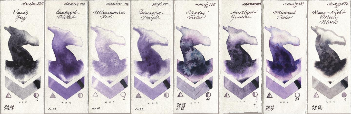 Daniel Smith 239 Janes Grey, 019 Carbazole Violet, 107 Ultramarine Red, Golden QOR 295 Dioxazine Purple, Roman Szmal Aquarius 336 Shadow Violet, 203 Amethyst Genuine, 334 Mineral Violet, Holbein Artists Watercolor 572 Rainy-Night Moon Ba watercolor swatch