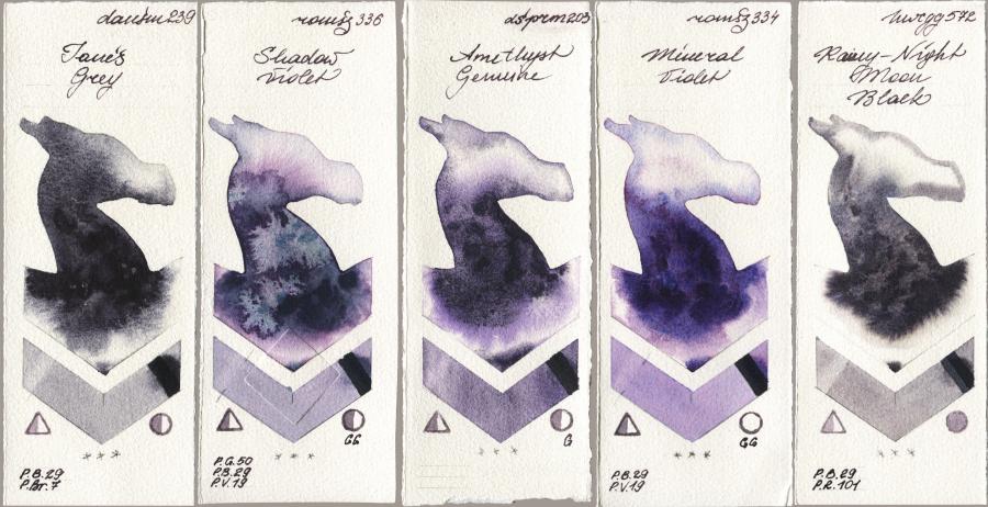 Daniel Smith 239 Janes Grey vs Roman Szmal Aquarius 336 Shadow Violet vs 203 Amethyst Genuine vs 334 Mineral Violet vs Holbein Artists Watercolor 572 Rainy-Night Moon Back watercolor swatch