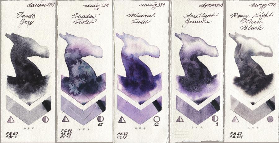 Daniel Smith 239 Janes Grey vs Roman Szmal Aquarius 336 Shadow Violet vs 334 Mineral Violet vs 203 Amethyst Genuine vs Holbein Artists Watercolor 572 Rainy-Night Moon Back watercolor swatch