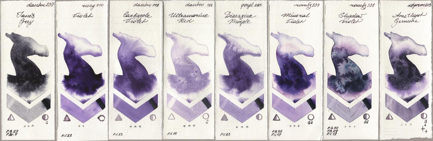 Daniel Smith 239 Janes Grey, Rosa Gallery 710 Violet, 019 Carbazole Violet, 107 Ultramarine Red, Golden QOR 295 Dioxazine Purple, Roman Szmal Aquarius 334 Mineral Violet, 336 Shadow Violet, 203 Amethyst Genui watercolor swatch
