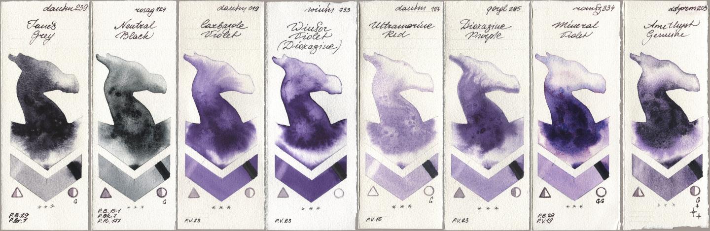 Daniel Smith 239 Janes Grey, Rosa Gallery 724 Neutral Black, 019 Carbazole Violet, Winsor & Newton Professional 733 Winsor Violet (Dioxazine), 107 Ultramarine Red, Golden QOR 295 Dioxazine Purple, Roman Szmal Aquarius 334 Mineral Violet, 203 Amethyst Genui watercolor swatch