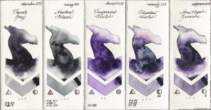 Daniel Smith 239 Janes Grey vs Rosa Gallery 724 Neutral Black vs Kuretake Gansai Tambi 038 Imperial Violet vs Roman Szmal Aquarius 336 Shadow Violet vs 203 Amethyst Genuine watercolor swatch