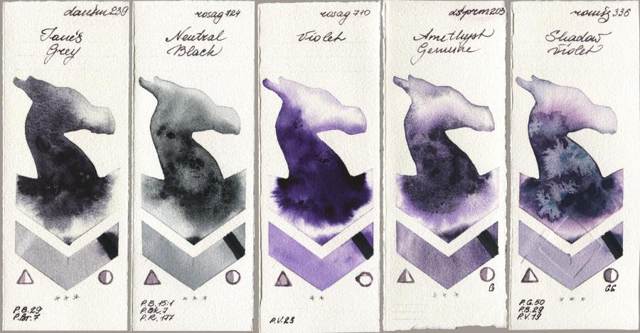 Daniel Smith 239 Janes Grey vs Rosa Gallery 724 Neutral Black vs 710 Violet vs 203 Amethyst Genuine vs Roman Szmal Aquarius 336 Shadow Violet watercolor swatch