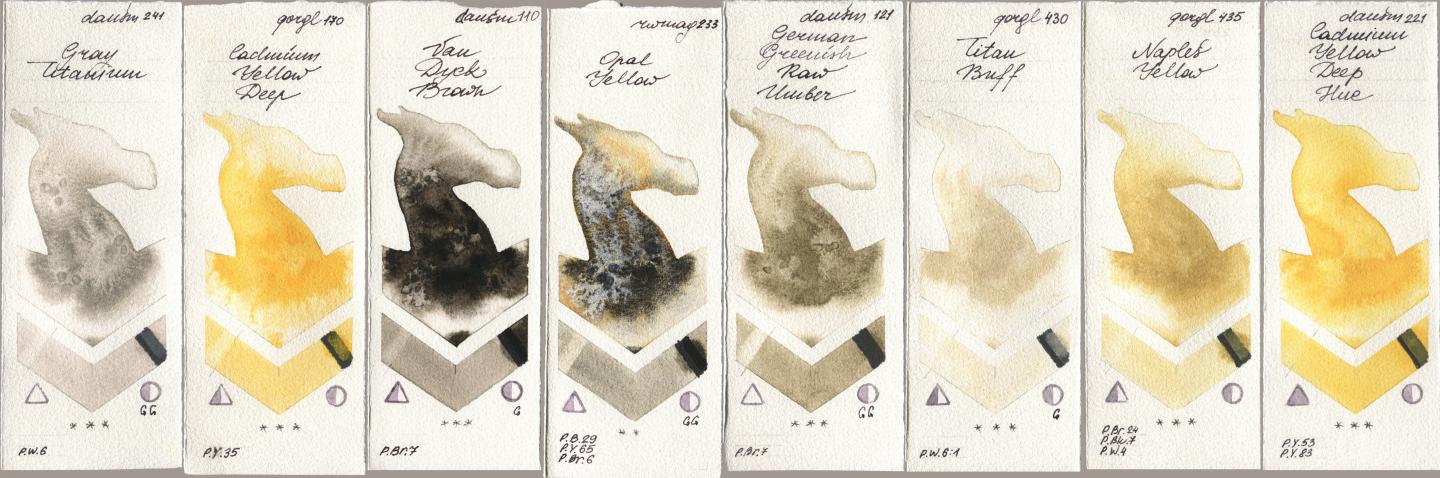 Daniel Smith 241 Gray Titanium, Golden QOR 170 Cadmium Yellow Deep, 110 Van Dyck Brown, Rockwell 233 Opal Yellow, 121 German Greenish Raw Umber, 430 Titan Buff, 435 Naples Yellow, 221 Cadmium Yellow Deep H watercolor swatch