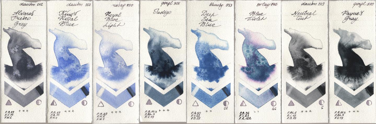 Daniel Smith 242 Alvaros Fresco Grey, 252 King’s Royal Blue, Rosa Gallery 750 Royal Blue Light, Golden QOR 305 Indigo, Shminke Horadam Aquarell 953 Deep Sea Blue, SuperVision 742 Blue Violet, 229 Neutral Tint, 510 Paynes Gr watercolor swatch