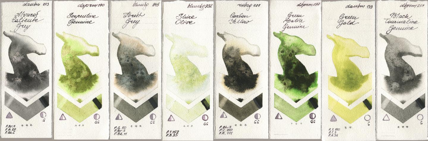 Daniel Smith 243 Alvaros Caliente Grey, 190 Serpentine Genuine, Shminke Horadam Aquarell 945 Forest Grey, 932 Shire Olive, Rosa Gallery 788 Carbon Yellow, 197 Green Apatite Genuine, 139 Green Gold, 207 Black Tourmaline Genui watercolor swatch