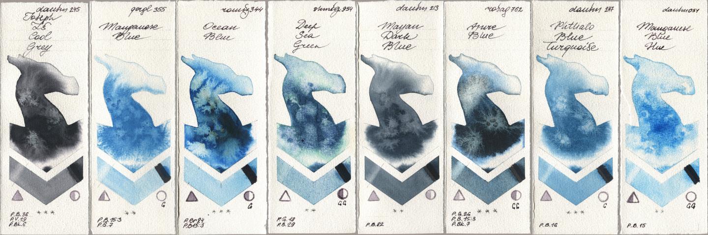 Daniel Smith 245 Joseph Zs Cool Grey, Golden QOR 355 Manganese Blue, Roman Szmal Aquarius 344 Ocean Blue, Shminke Horadam Aquarell 954 Deep Sea Green, 213 Mayan Dark Blue, Rosa Gallery 762 Azure Blue, 247 Phthalo Blue Turquoise, 051 Manganese Blue H watercolor swatch