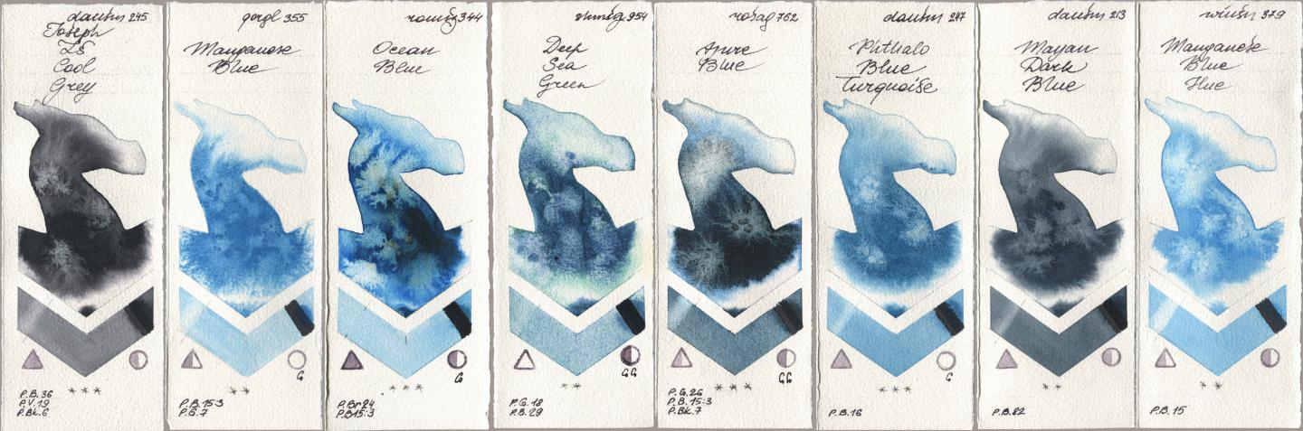 Daniel Smith 245 Joseph Zs Cool Grey, Golden QOR 355 Manganese Blue, Roman Szmal Aquarius 344 Ocean Blue, Shminke Horadam Aquarell 954 Deep Sea Green, Rosa Gallery 762 Azure Blue, 247 Phthalo Blue Turquoise, 213 Mayan Dark Blue, Winsor & Newton Professional 379 Manganese Blue H watercolor swatch