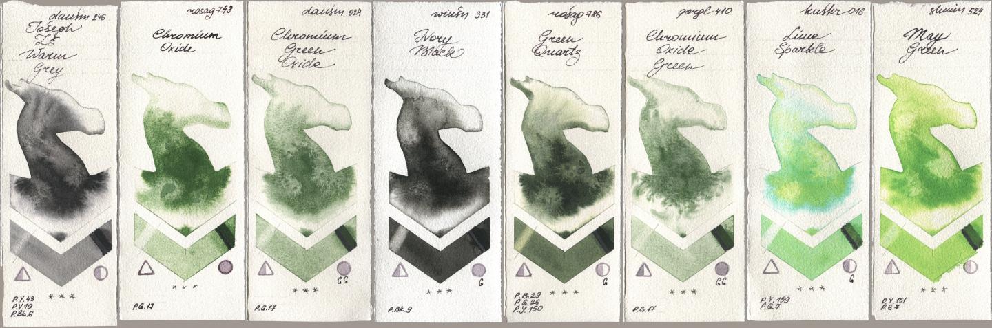 Daniel Smith 246 Joseph Zs Warm Grey, Rosa Gallery 743 Chromium Oxide, 024 Chromium Green Oxide, Winsor & Newton Professional 331 Ivory Black, 786 Green Quartz, Golden QOR 410 Chromium Oxide Green, Kusakabe 016 Lime Sparkle, Shminke Horadam Aquarell 524 May Gre watercolor swatch