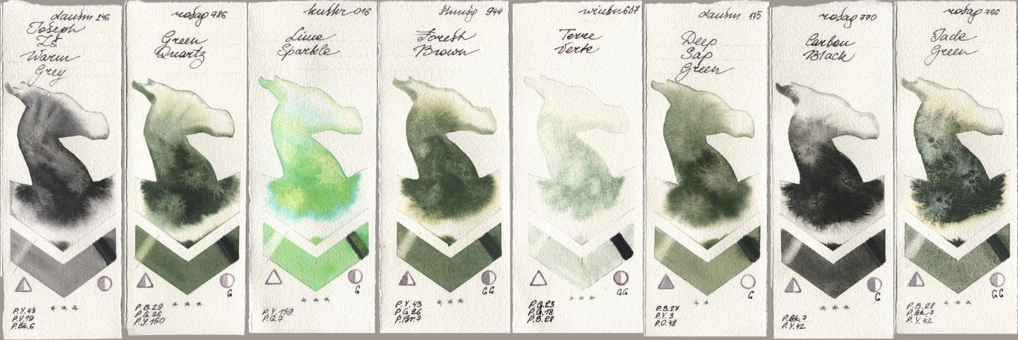 Daniel Smith 246 Joseph Zs Warm Grey, Rosa Gallery 786 Green Quartz, Kusakabe 016 Lime Sparkle, Shminke Horadam Aquarell 944 Forest Brown, Winsor & Newton Professional 637 Terre Verte, 175 Deep Sap Green, 770 Carbon Black, 766 Jade Gre watercolor swatch
