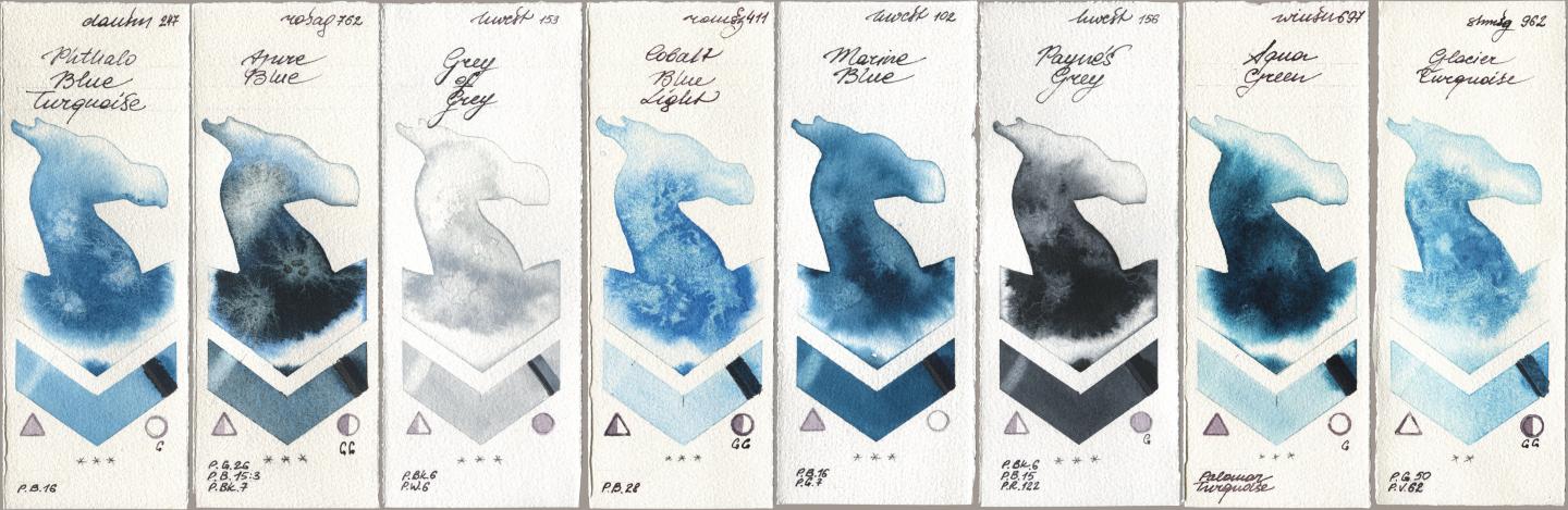 Daniel Smith 247 Phthalo Blue Turquoise, Rosa Gallery 762 Azure Blue, Holbein Artists Watercolor 153 Grey of Grey, Roman Szmal Aquarius 411 Cobalt Blue Light, 102 Marine Blue, 156 Paynes Grey, Winsor & Newton Professional 697 Aqua Green, Shminke Horadam Aquarell 962 Glacier Turquoi watercolor swatch