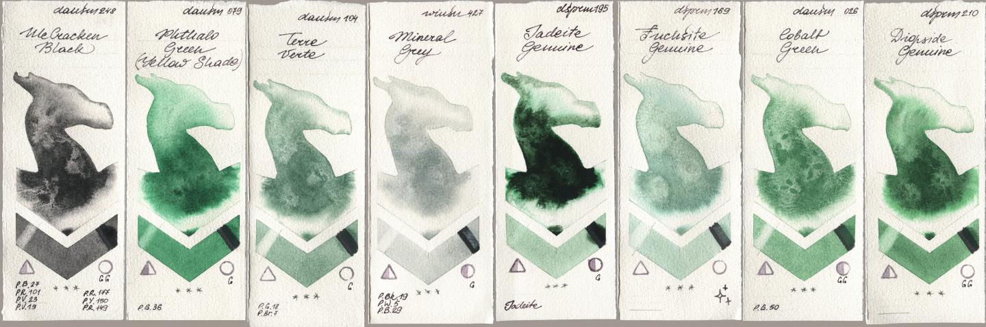 Daniel Smith 248 McCracken Black, 079 Phthalo Green (Yellow Shade), 104 Terre Verte, Winsor & Newton Professional 427 Mineral Grey, 195 Jadeite Genuine, 169 Fuchsite Genuine, 026 Cobalt Green, 210 Diopside Genui watercolor swatch