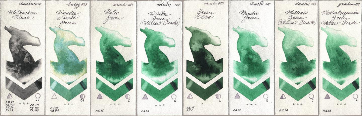 Daniel Smith 248 McCracken Black, Holbein Artists Watercolor 523 Wonder Forest Green, Shminke Horadam Aquarell 514 Helio Green, Winsor & Newton Professional 721 Winsor Green (Yellow shade), 515 Green Olive, 078 Bamboo Green, 079 Phthalo Green (Yellow Shade), M. Graham & Co. Artists 151 Phthalocyanine Green Yellow Sha watercolor swatch