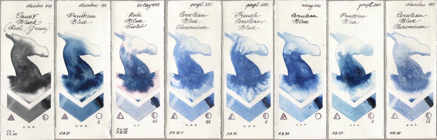 Daniel Smith 249 Janes Black (Red/Green), 082 Prussian Blue, SuperVision 736 Rose Blue Violet, Golden QOR 330 Cerulean Blue, Chromium, 350 French Cerulean Blue, Rosa Gallery 752 Cerulean Blue, 340 Prussian Blue, 021 Cerulean Blue Chromi watercolor swatch