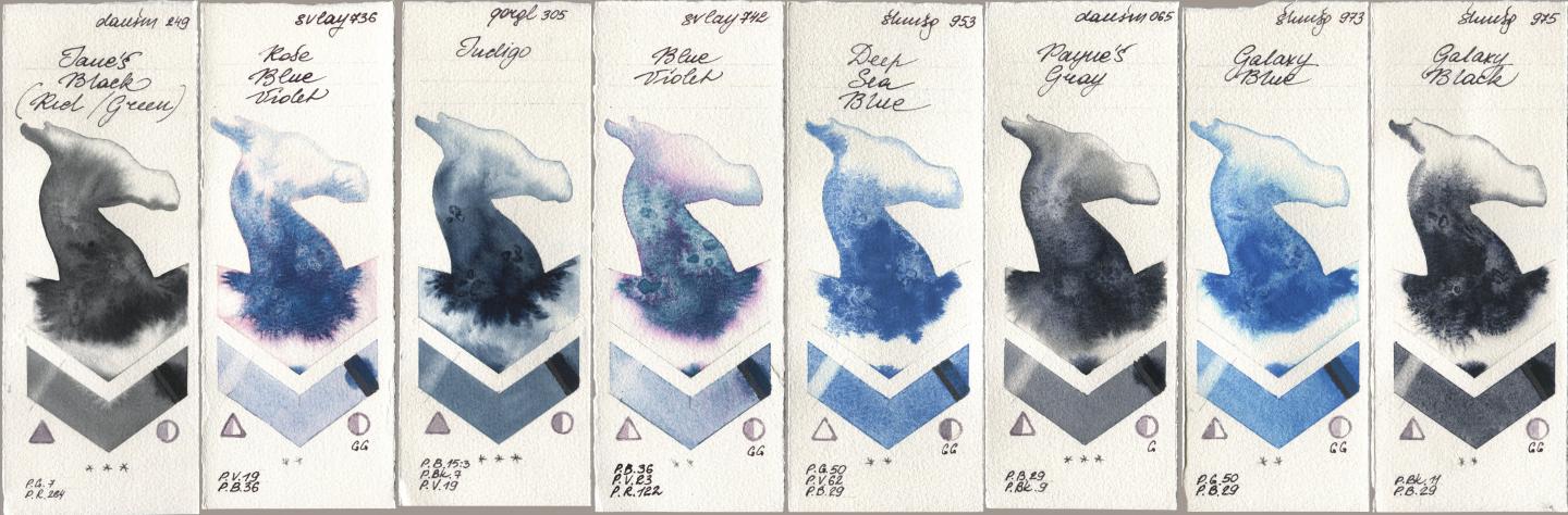 Daniel Smith 249 Janes Black (Red/Green), SuperVision 736 Rose Blue Violet, Golden QOR 305 Indigo, 742 Blue Violet, Shminke Horadam Aquarell 953 Deep Sea Blue, 065 Paynes Gray, 973 Galaxy Blue, 975 Galaxy Bla watercolor swatch