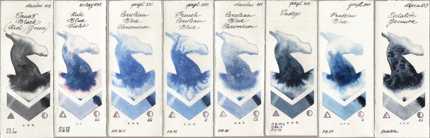 Daniel Smith 249 Janes Black (Red/Green), SuperVision 736 Rose Blue Violet, Golden QOR 330 Cerulean Blue, Chromium, 350 French Cerulean Blue, 021 Cerulean Blue Chromium, 305 Indigo, 340 Prussian Blue, 179 Sodalite Genui watercolor swatch