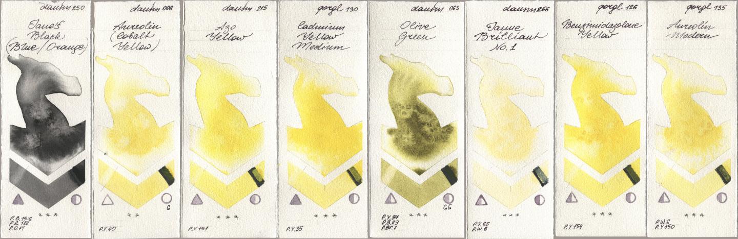 Daniel Smith 250 Janes Black (Blue/Orange), 006 Aureolin (Cobalt Yellow), 215 Azo Yellow, Golden QOR 130 Cadmium Yellow Medium, 063 Olive Green, 256 Jaune Brilliant No 1, 126 Benzimidazolone Yellow, 135 Aureolin Mode watercolor swatch