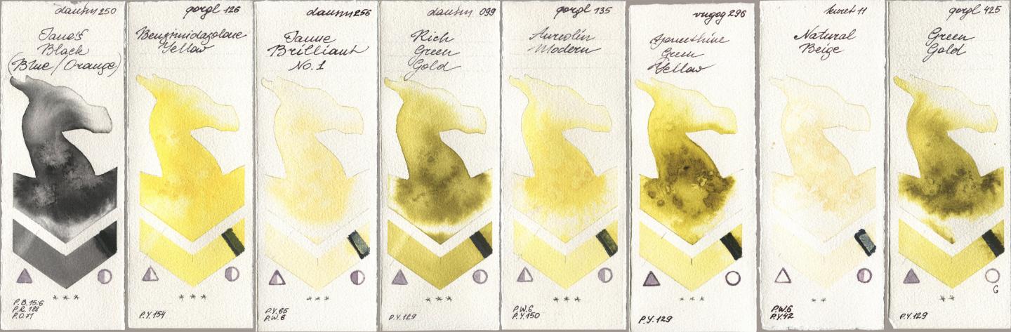 Daniel Smith 250 Janes Black (Blue/Orange), Golden QOR 126 Benzimidazolone Yellow, 256 Jaune Brilliant No 1, 099 Rich Green Gold, 135 Aureolin Modern, Royal Talens Van Gogh Watercolour 296 Azomethine Green Yellow, Kuretake Gansai Tambi 011 Natural Beige, 425 Green Go watercolor swatch
