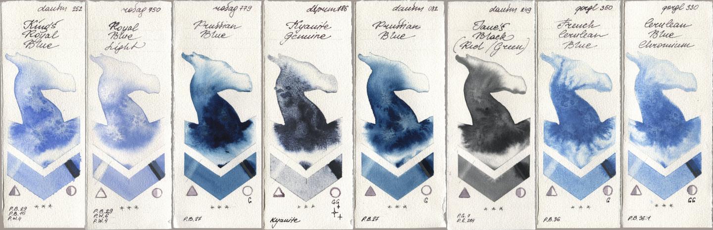 Daniel Smith 252 King’s Royal Blue, Rosa Gallery 750 Royal Blue Light, 779 Prussian Blue, 186 Kyanite Genuine, 082 Prussian Blue, 249 Janes Black (Red/Green), Golden QOR 350 French Cerulean Blue, 330 Cerulean Blue, Chromi watercolor swatch