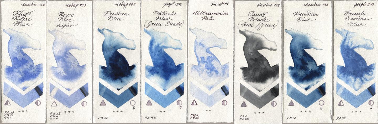 Daniel Smith 252 King’s Royal Blue, Rosa Gallery 750 Royal Blue Light, 779 Prussian Blue, Golden QOR 345 Phthalo Blue (Green Shade), Kuretake Gansai Tambi 061 Ultramatire Pale, 249 Janes Black (Red/Green), 082 Prussian Blue, 350 French Cerulean Bl watercolor swatch