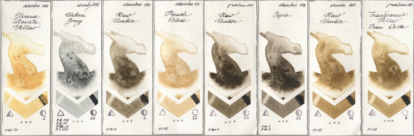 Daniel Smith 253 Chrome Titanate Yellow, Shminke Horadam Aquarell 956 Urban Grey, 097 Raw Umber, 134 French Ochre, M. Graham & Co. Artists 170 Raw Umber, 103 Sepia, 667 Raw Umber, 188 Transparent Yellow Iron Oxi watercolor swatch