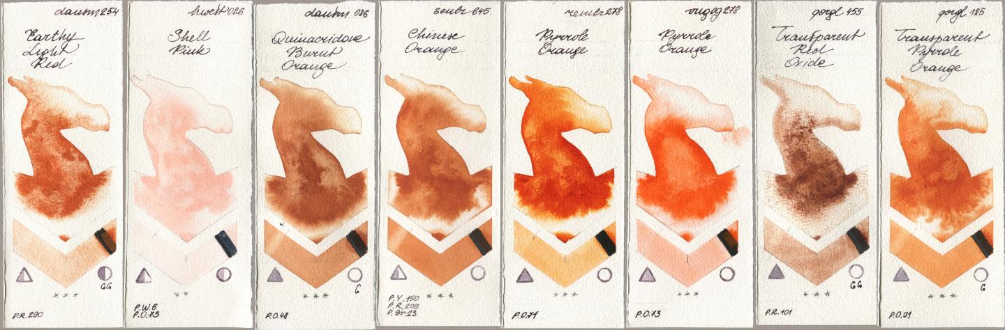 Daniel Smith 254 Earthy Light Red, Holbein Artists Watercolor 026 Shell Pink, 086 Quinacridone Burnt Orange, Sennelier l Aquarelle 645 Chinese Orange, Royal Talens Rembrandt Watercolour 278 Pyrrole Orange, Royal Talens Van Gogh Watercolour 278 Pyrrole Orange, Golden QOR 455 Transparent Red Oxide, 185 Transparent Pyrrole Oran watercolor swatch