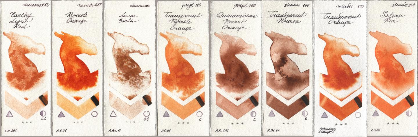 Daniel Smith 254 Earthy Light Red, Royal Talens Rembrandt Watercolour 278 Pyrrole Orange, 050 Lunar Earth, Golden QOR 185 Transparent Pyrrole Orange, 165 Quinacridone Burnt Orange, Shminke Horadam Aquarell 648 Transparent Brown, Winsor & Newton Professional 650 Transparent Orange, 359 Saturn R watercolor swatch