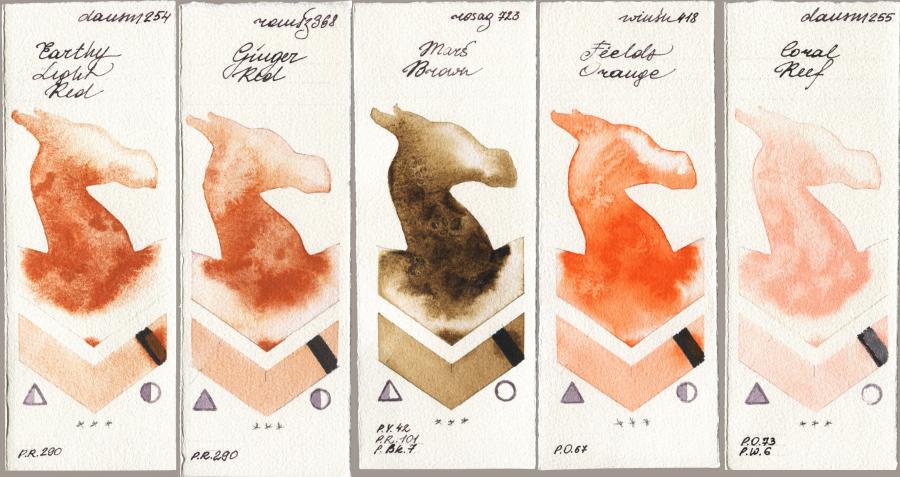 Daniel Smith 254 Earthy Light Red vs Roman Szmal Aquarius 368 Genger Red vs Rosa Gallery 723 Mars Brown vs Winsor & Newton Professional 418 Fields Orange vs 255 Coral Reef watercolor swatch