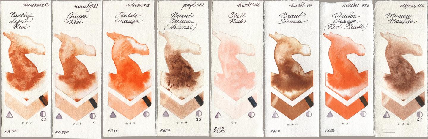 Daniel Smith 254 Earthy Light Red, Roman Szmal Aquarius 368 Genger Red, Winsor & Newton Professional 418 Fields Orange, Golden QOR 470 Burnt Sienna (Natural), Holbein Artists Watercolor 026 Shell Pink, 134 Burnt Sienna, 723 Winsor Orange (Red Shade), 166 Mummy Bauxi watercolor swatch