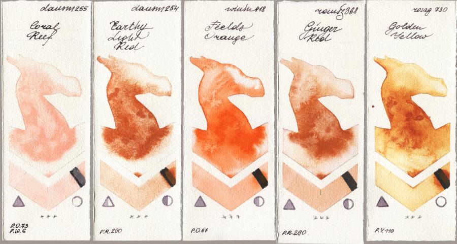 Daniel Smith 255 Coral Reef vs 254 Earthy Light Red vs Winsor & Newton Professional 418 Fields Orange vs Roman Szmal Aquarius 368 Genger Red vs Rosa Gallery 730 Golden Yellow watercolor swatch