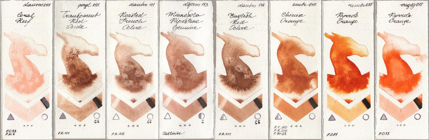 Daniel Smith 255 Coral Reef, Golden QOR 455 Transparent Red Oxide, 171 Roasted French Ochre, 143 Minnesota Pipestone Genuine, 136 English Red Ochre, Sennelier l Aquarelle 645 Chinese Orange, Royal Talens Rembrandt Watercolour 278 Pyrrole Orange, Royal Talens Van Gogh Watercolour 278 Pyrrole Oran watercolor swatch