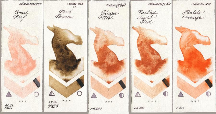 Daniel Smith 255 Coral Reef vs Rosa Gallery 723 Mars Brown vs Roman Szmal Aquarius 368 Genger Red vs 254 Earthy Light Red vs Winsor & Newton Professional 418 Fields Orange watercolor swatch