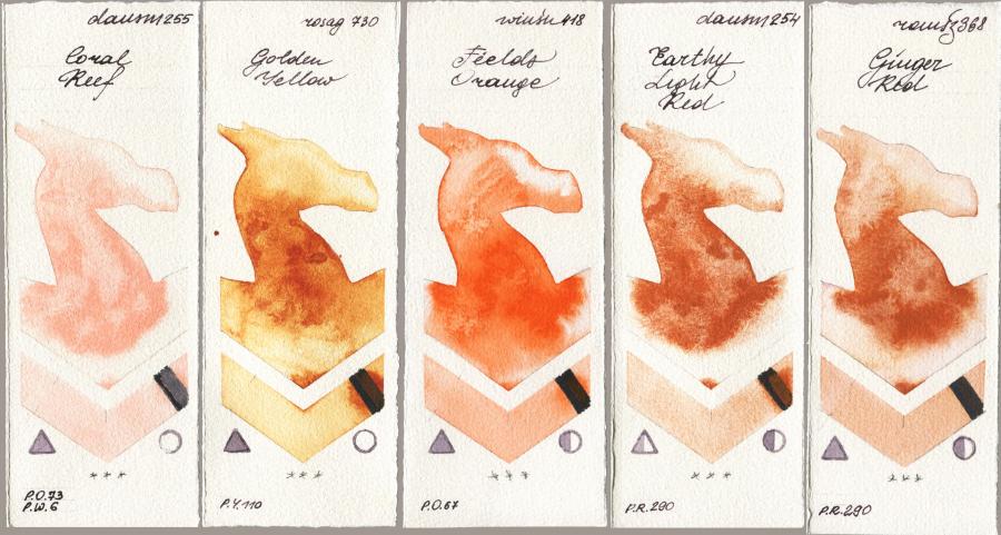 Daniel Smith 255 Coral Reef vs Rosa Gallery 730 Golden Yellow vs Winsor & Newton Professional 418 Fields Orange vs 254 Earthy Light Red vs Roman Szmal Aquarius 368 Genger Red watercolor swatch