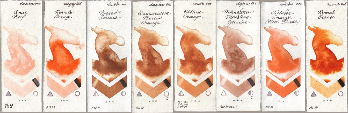 Daniel Smith 255 Coral Reef, Royal Talens Van Gogh Watercolour 278 Pyrrole Orange, Holbein Artists Watercolor 134 Burnt Sienna, 086 Quinacridone Burnt Orange, Sennelier l Aquarelle 645 Chinese Orange, 143 Minnesota Pipestone Genuine, Winsor & Newton Professional 723 Winsor Orange (Red Shade), Royal Talens Rembrandt Watercolour 278 Pyrrole Oran watercolor swatch
