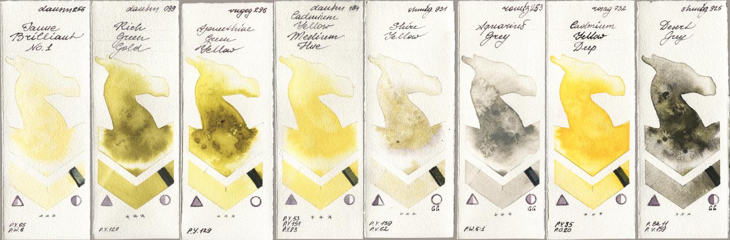Daniel Smith 256 Jaune Brilliant No 1, 099 Rich Green Gold, Royal Talens Van Gogh Watercolour 296 Azomethine Green Yellow, 184 Cadmium Yellow Medium Hue, Shminke Horadam Aquarell 931 Shire Yellow, Roman Szmal Aquarius 253 Aquarius Grey, Rosa Gallery 732 Cadmium Yellow Deep, 925 Desert Gr watercolor swatch