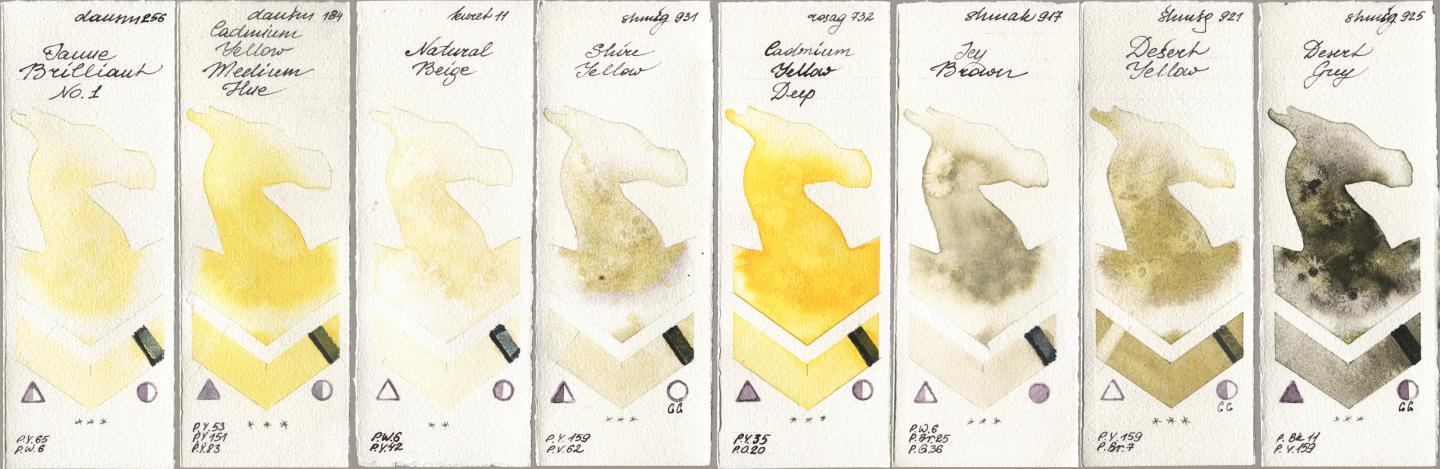 Daniel Smith 256 Jaune Brilliant No 1, 184 Cadmium Yellow Medium Hue, Kuretake Gansai Tambi 011 Natural Beige, Shminke Horadam Aquarell 931 Shire Yellow, Rosa Gallery 732 Cadmium Yellow Deep, Shminke Akademie Aquarell 917 Icy Brown, 921 Desert Yellow, 925 Desert Gr watercolor swatch