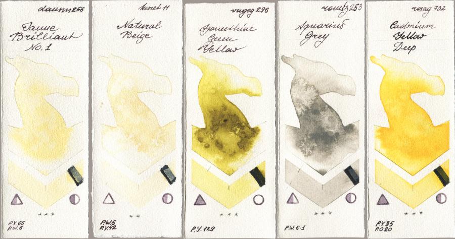 Daniel Smith 256 Jaune Brilliant No 1 vs Kuretake Gansai Tambi 011 Natural Beige vs Royal Talens Van Gogh Watercolour 296 Azomethine Green Yellow vs Roman Szmal Aquarius 253 Aquarius Grey vs Rosa Gallery 732 Cadmium Yellow Deep watercolor swatch