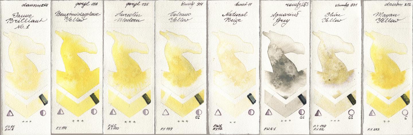 Daniel Smith 256 Jaune Brilliant No 1, Golden QOR 126 Benzimidazolone Yellow, 135 Aureolin Modern, Shminke Horadam Aquarell 911 Volcano Yellow, Kuretake Gansai Tambi 011 Natural Beige, Roman Szmal Aquarius 253 Aquarius Grey, 931 Shire Yellow, 212 Mayan Yell watercolor swatch