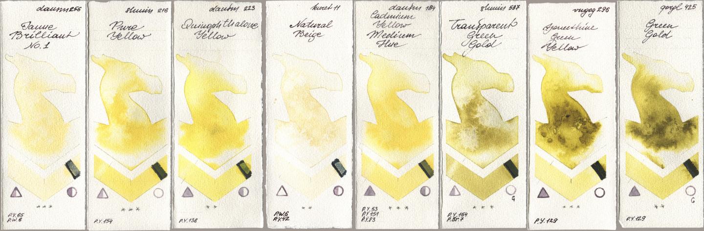 Daniel Smith 256 Jaune Brilliant No 1, Shminke Horadam Aquarell 216 Pure Yellow, 223 Quinophthalone Yellow, Kuretake Gansai Tambi 011 Natural Beige, 184 Cadmium Yellow Medium Hue, 537 Transparent Green Gold, Royal Talens Van Gogh Watercolour 296 Azomethine Green Yellow, Golden QOR 425 Green Go watercolor swatch
