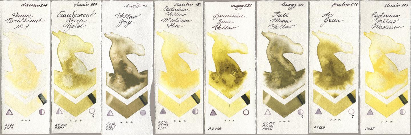 Daniel Smith 256 Jaune Brilliant No 1, Shminke Horadam Aquarell 537 Transparent Green Gold, Holbein Artists Watercolor 151 Yellow Grey, 184 Cadmium Yellow Medium Hue, Royal Talens Van Gogh Watercolour 296 Azomethine Green Yellow, 512 Full Moon Yellow, M. Graham & Co. Artists 016 Azo Green, 225 Cadmium Yellow Medi watercolor swatch