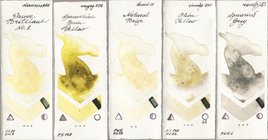 Daniel Smith 256 Jaune Brilliant No 1 vs Royal Talens Van Gogh Watercolour 296 Azomethine Green Yellow vs Kuretake Gansai Tambi 011 Natural Beige vs Shminke Horadam Aquarell 931 Shire Yellow vs Roman Szmal Aquarius 253 Aquarius Grey watercolor swatch