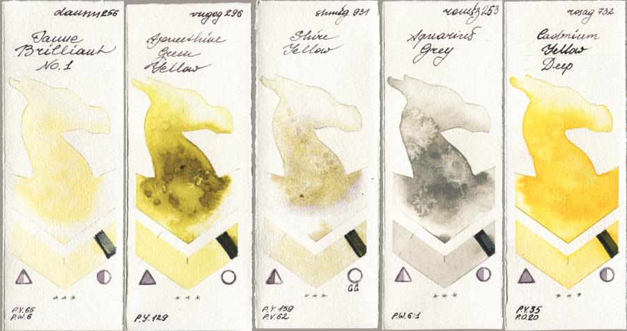 Daniel Smith 256 Jaune Brilliant No 1 vs Royal Talens Van Gogh Watercolour 296 Azomethine Green Yellow vs Shminke Horadam Aquarell 931 Shire Yellow vs Roman Szmal Aquarius 253 Aquarius Grey vs Rosa Gallery 732 Cadmium Yellow Deep watercolor swatch