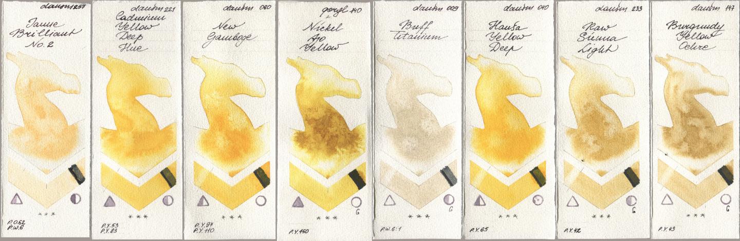 Daniel Smith 257 Jaune Brilliant No 2, 221 Cadmium Yellow Deep Hue, 060 New Gamboge, Golden QOR 140 Nickel Azo Yellow, 009 Buff Titanium, 040 Hansa Yellow Deep, 233 Raw Sienna Light, 147 Burgundy Yellow Och watercolor swatch