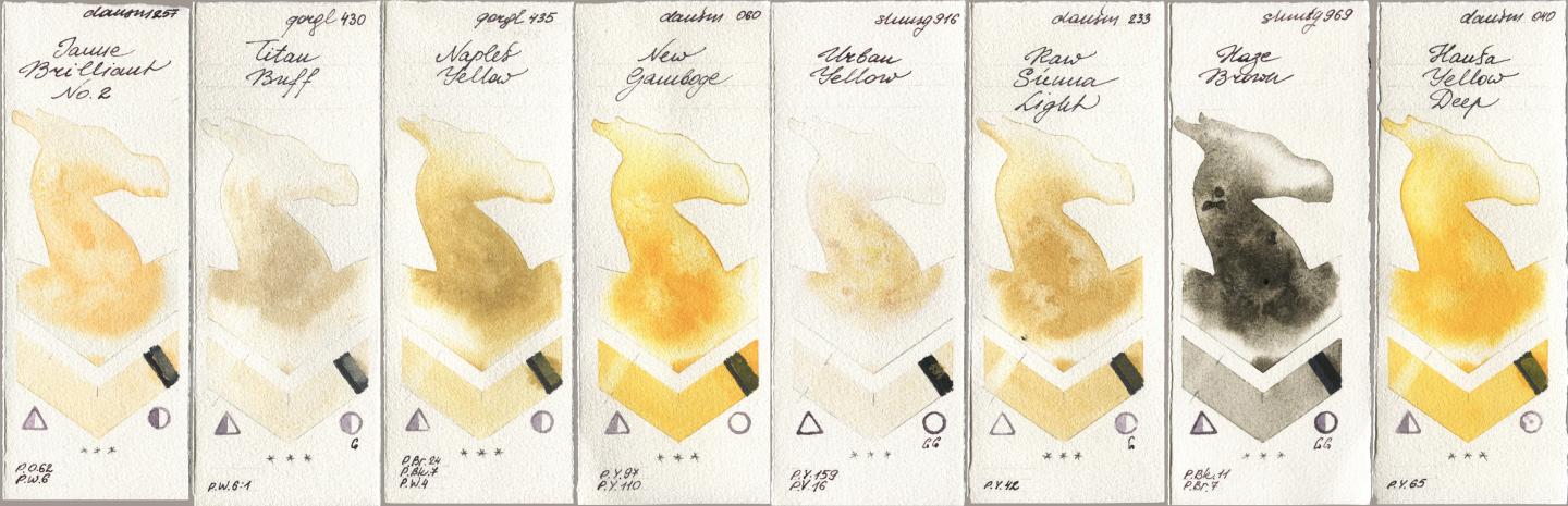 Daniel Smith 257 Jaune Brilliant No 2, Golden QOR 430 Titan Buff, 435 Naples Yellow, 060 New Gamboge, Shminke Horadam Aquarell 916 Urban Yellow, 233 Raw Sienna Light, 969 Haze Brown, 040 Hansa Yellow De watercolor swatch