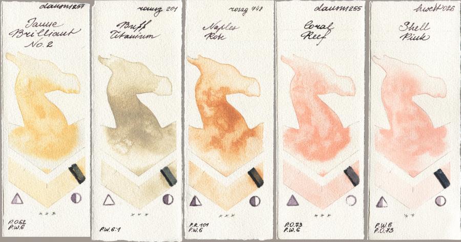 Daniel Smith 257 Jaune Brilliant No 2 vs Roman Szmal Aquarius 201 Buff Titanium vs Rosa Gallery 748 Naples Rose vs 255 Coral Reef vs Holbein Artists Watercolor 026 Shell Pink watercolor swatch