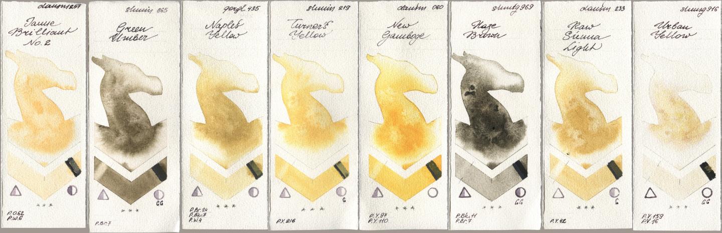 Daniel Smith 257 Jaune Brilliant No 2, Shminke Horadam Aquarell 665 Green Umber, Golden QOR 435 Naples Yellow, 219 Turner‘s Yellow, 060 New Gamboge, 969 Haze Brown, 233 Raw Sienna Light, 916 Urban Yell watercolor swatch